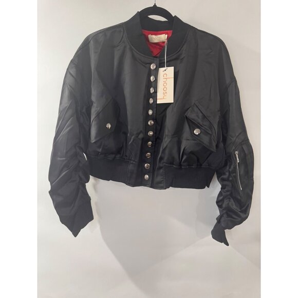 Choosy Womens Black Satin Bomber Jacket Size 20 With Button Details & Red Lining - Picture 1 of 5